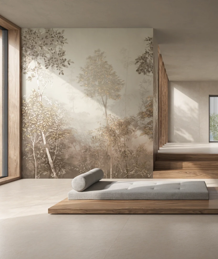Gres Piemme CEMENT VIBES efekt beton - aranzacja w przestronnym holu