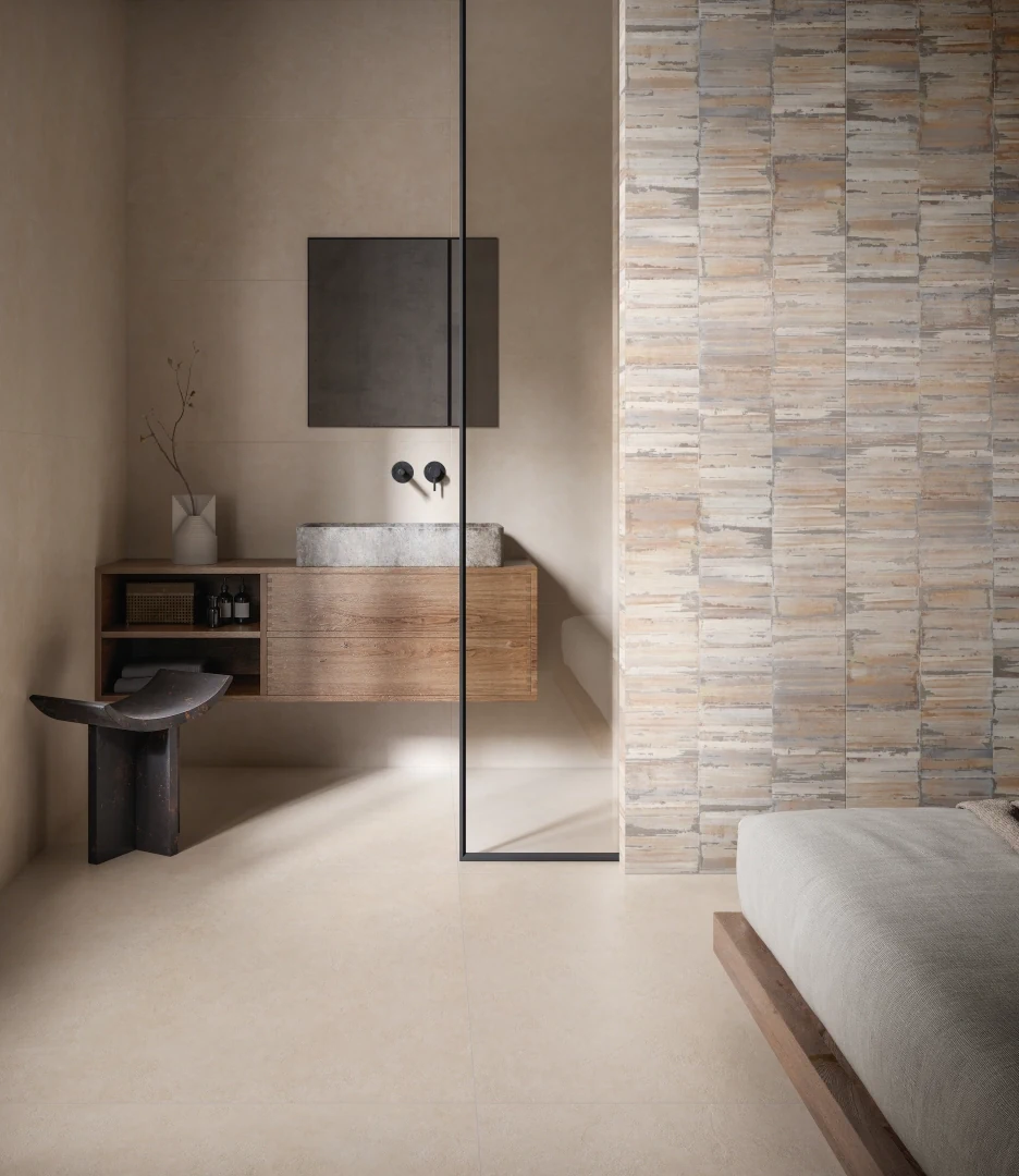 Gres Piemme CEMENT VIBES efekt beton - aranzacja w strefie dziennej z duzymi przeszkleniami