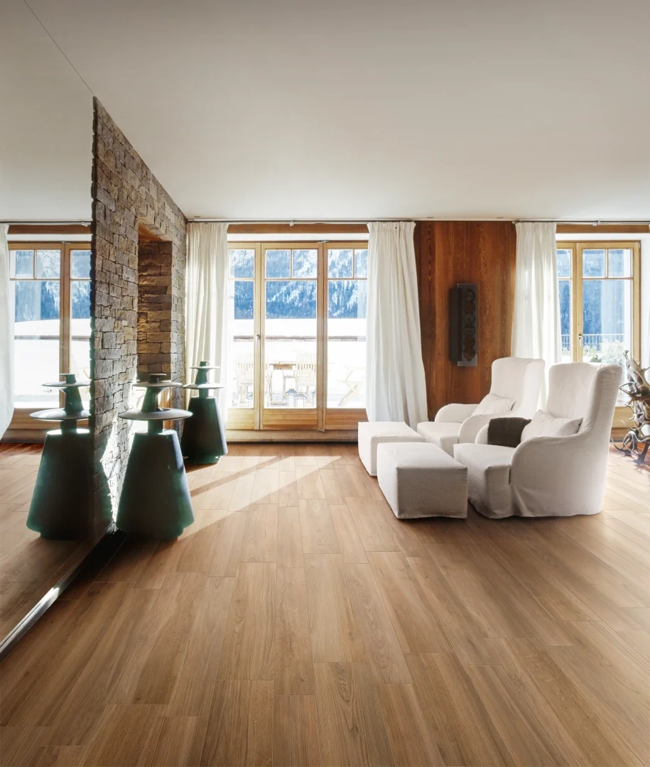 Gres Piemme COTTAGE efekt drewno - aranzacja w przy kominku