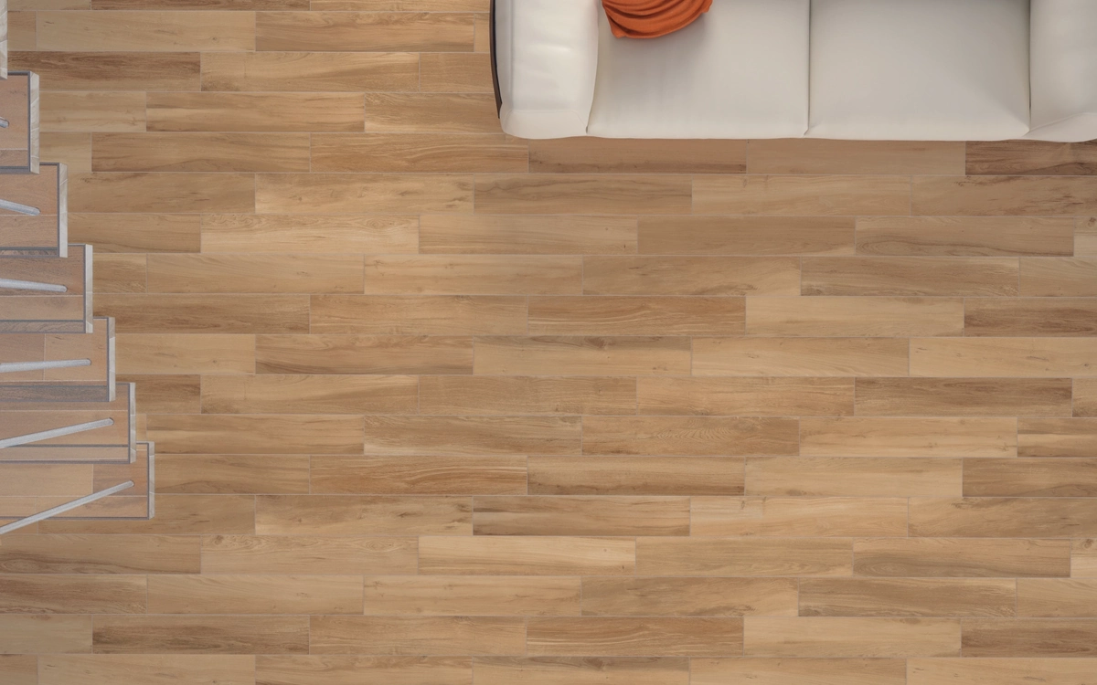 Gres Piemme COTTAGE efekt drewno - aranzacja w przestronnym holu