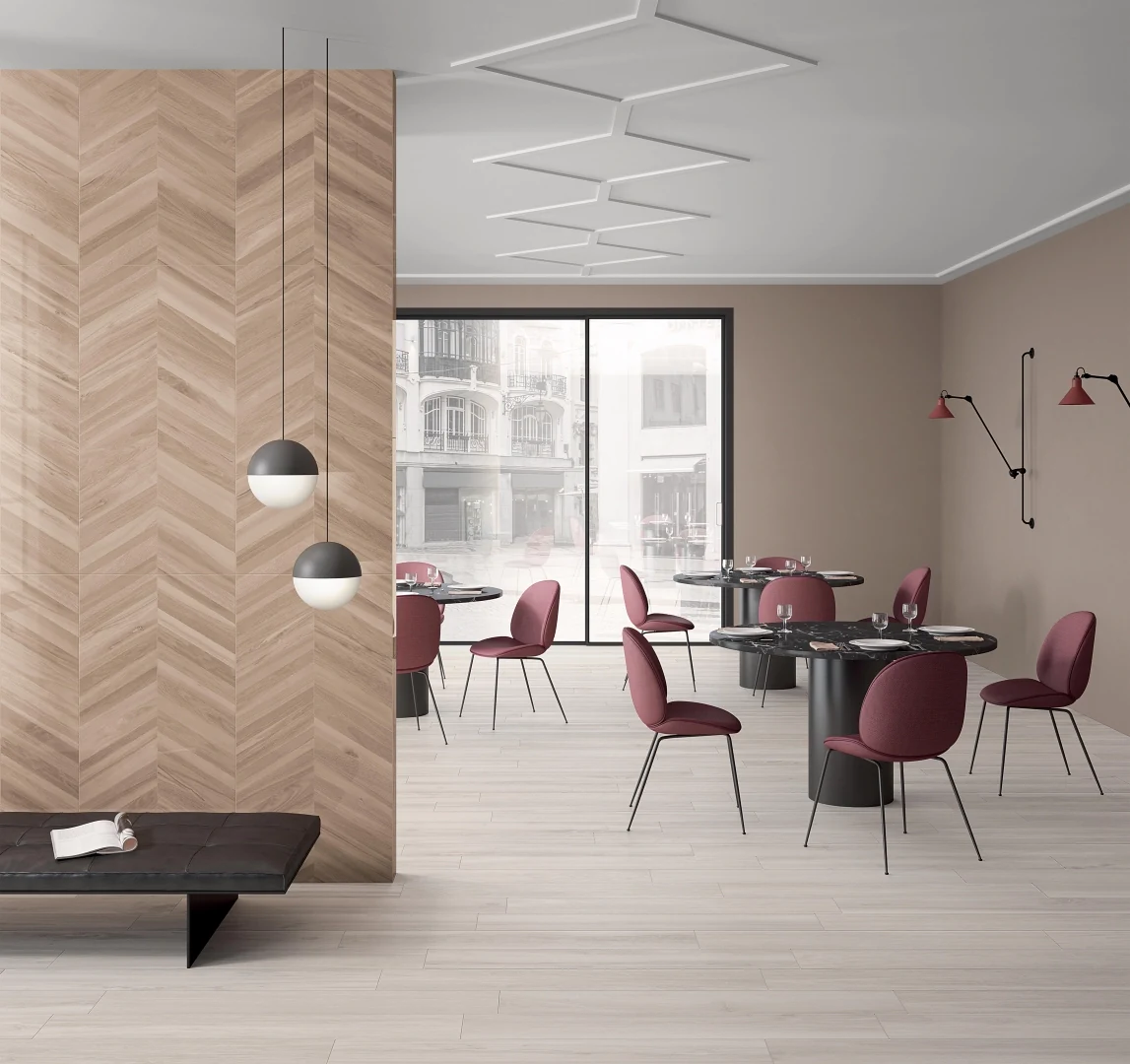 Gres Piemme FLEUR DE BOIS efekt drewno - aranzacja w minimalistycznym wnetrzu