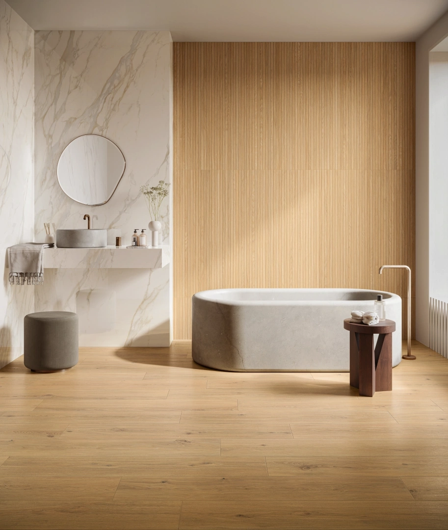 Gres Piemme MAJESTIC PURE SELECTION efekt marmur - aranzacja w nowoczesnym salonie
