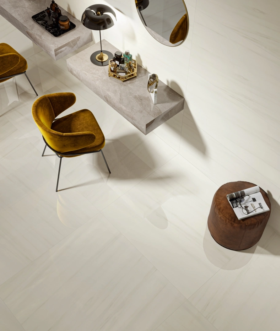Gres Piemme MAJESTIC PURE SELECTION efekt marmur - aranzacja w strefie dziennej z duzymi przeszkleniami
