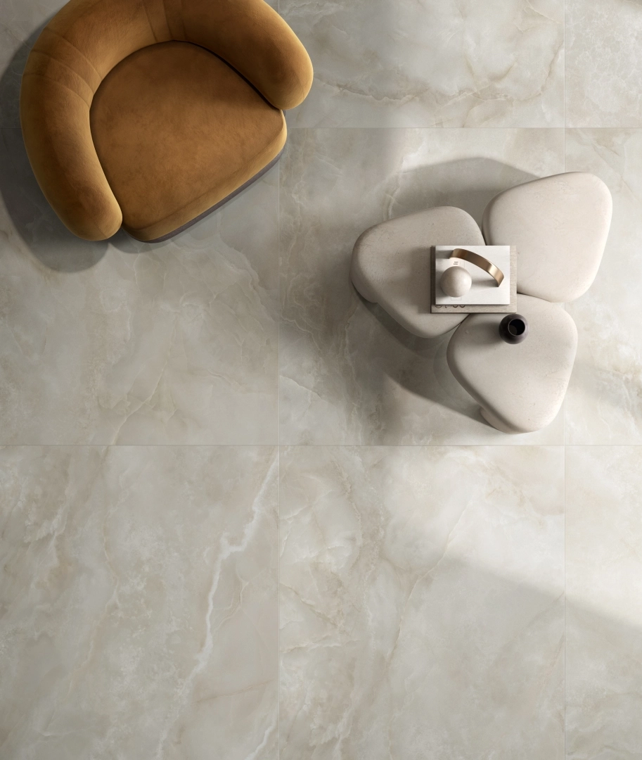 Gres Piemme MAJESTIC ONYX efekt marmur - aranzacja w strefie dziennej z duzymi przeszkleniami