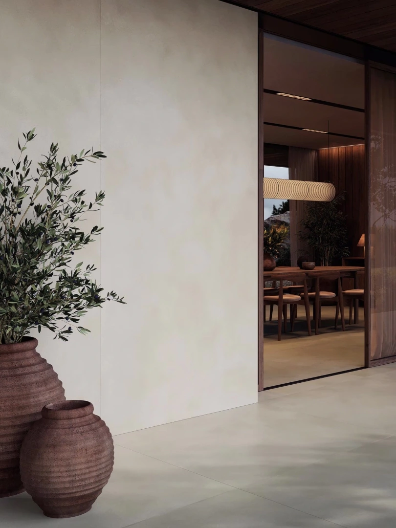 Gres Porcelanosa SANTORINI efekt beton - aranzacja w elewacji domu