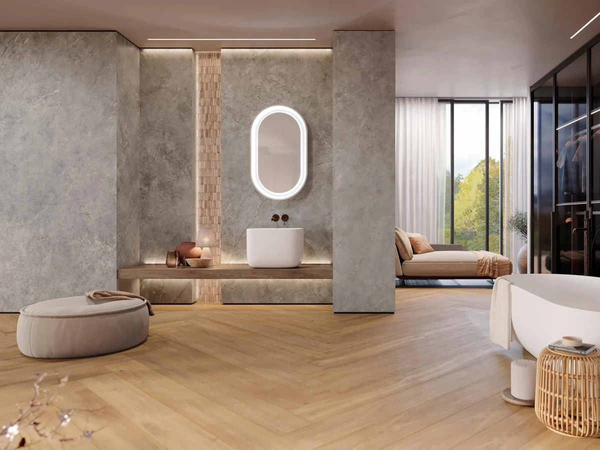 Gres Porcelanosa BREMEN efekt drewno - aranzacja w minimalistycznym wnetrzu