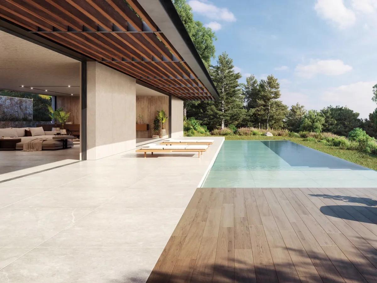 Gres Porcelanosa BERNA efekt kamień - aranzacja w strefie dziennej z duzymi przeszkleniami