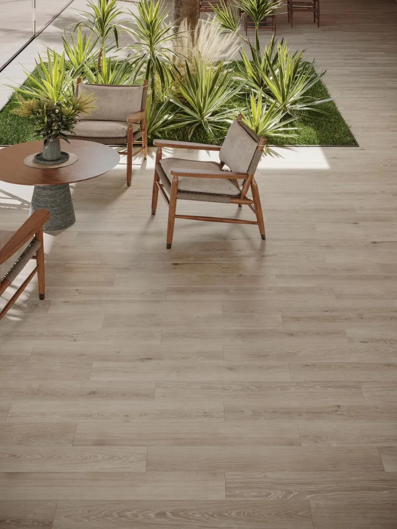 Gres Porcelanosa BREMEN efekt drewno - aranzacja w elewacji domu