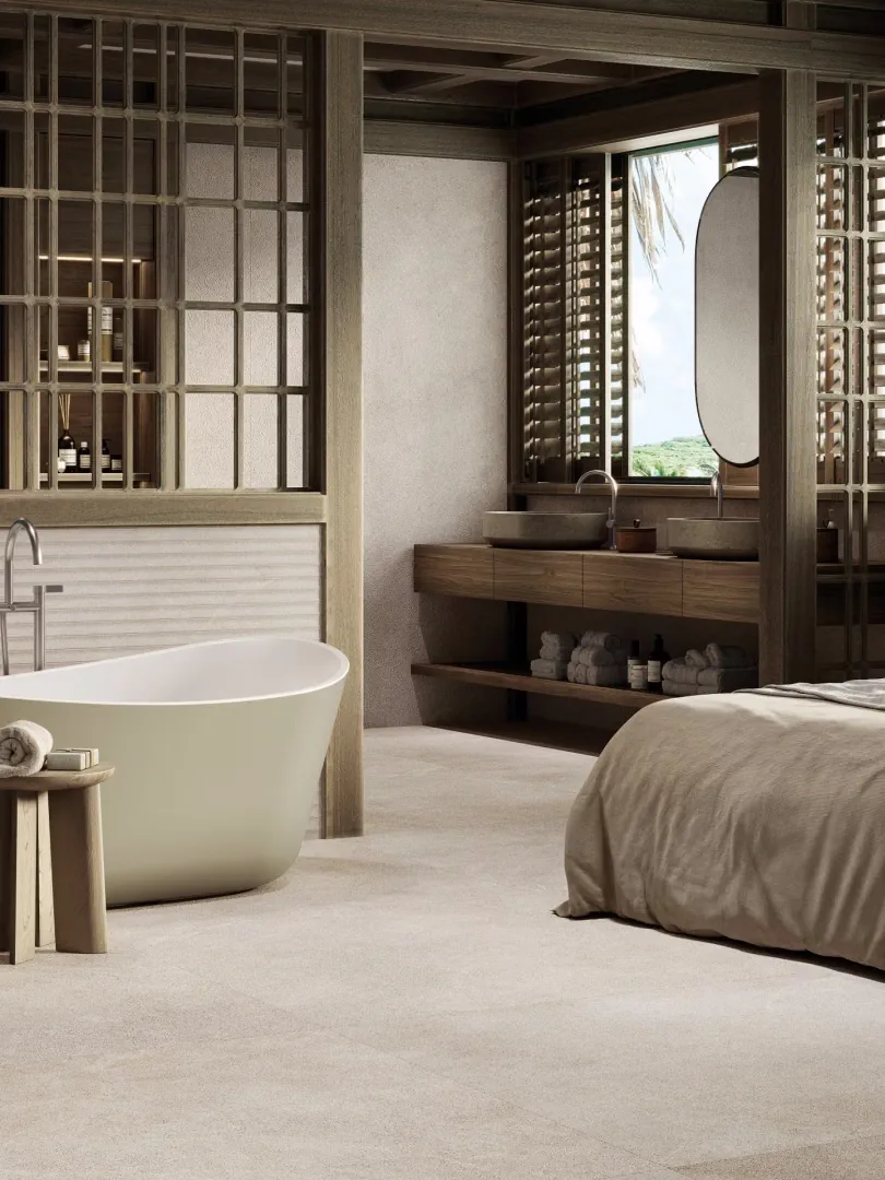 Gres Porcelanosa SAVANNAH efekt kamień - aranzacja w eleganckiej lazience