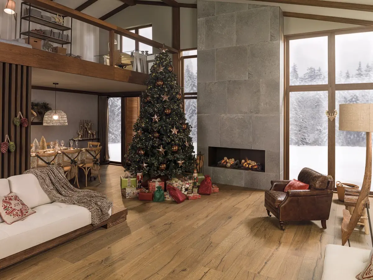 Gres Porcelanosa DELAWARE efekt drewno - aranzacja w strefie dziennej z duzymi przeszkleniami