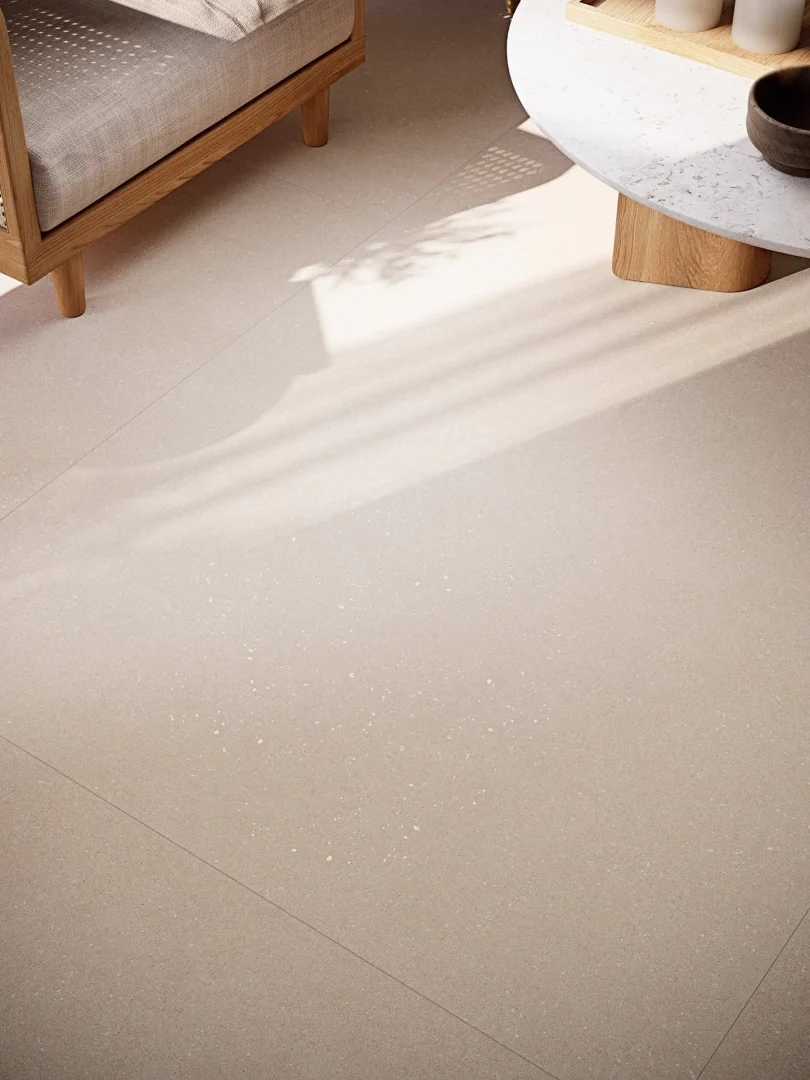 Gres Porcelanosa TERRA efekt beton - aranzacja w strefie dziennej z duzymi przeszkleniami