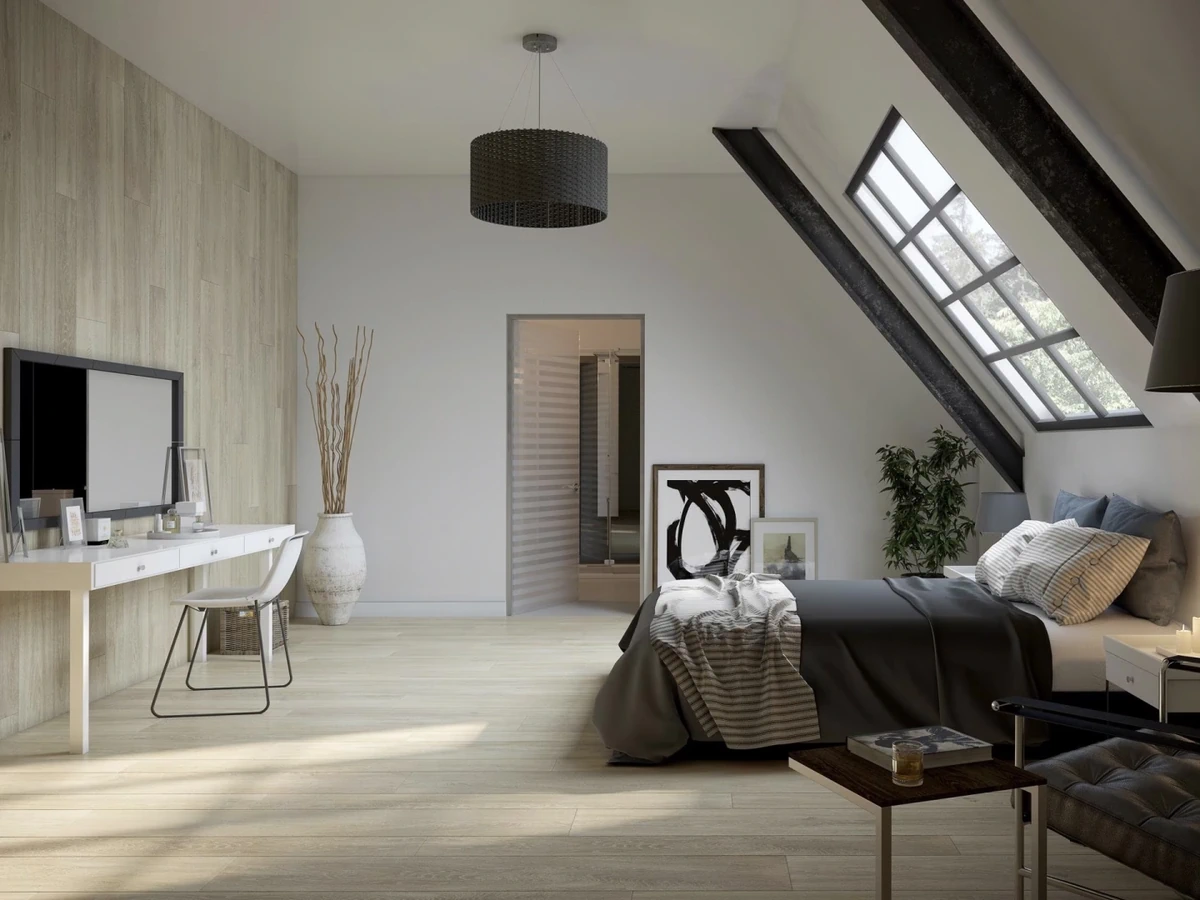 Gres Porcelanosa TANZANIA efekt drewno - aranzacja w przy kominku