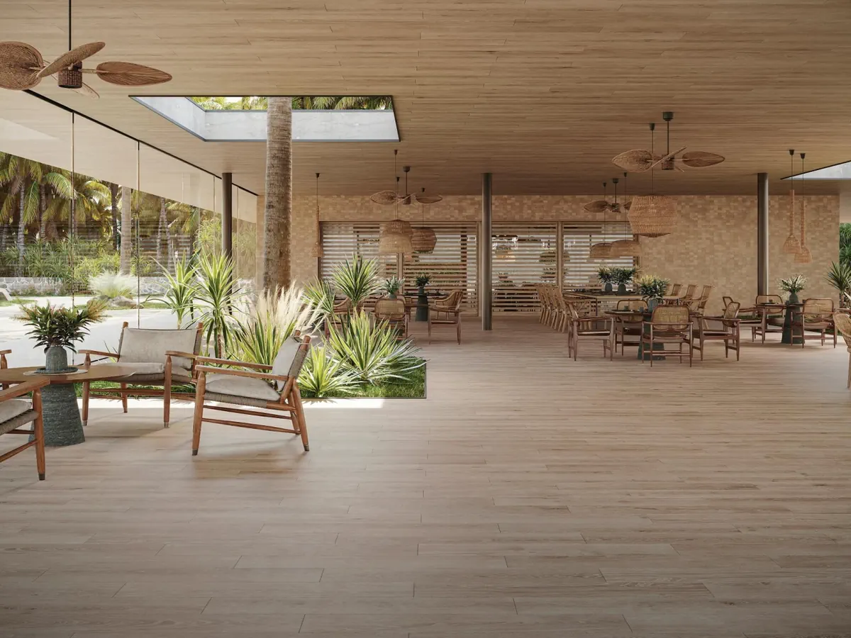 Gres Porcelanosa BREMEN efekt drewno - aranzacja w nowoczesnym salonie