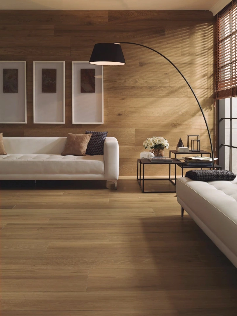 Gres Porcelanosa NOBU efekt drewno - aranzacja w minimalistycznym wnetrzu