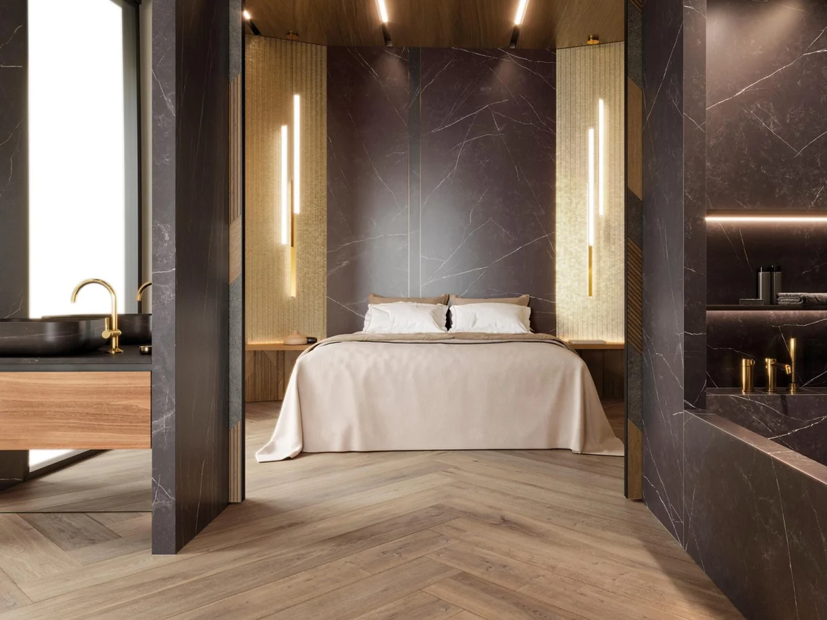 Gres Porcelanosa GENT efekt drewno - aranzacja w eleganckiej lazience