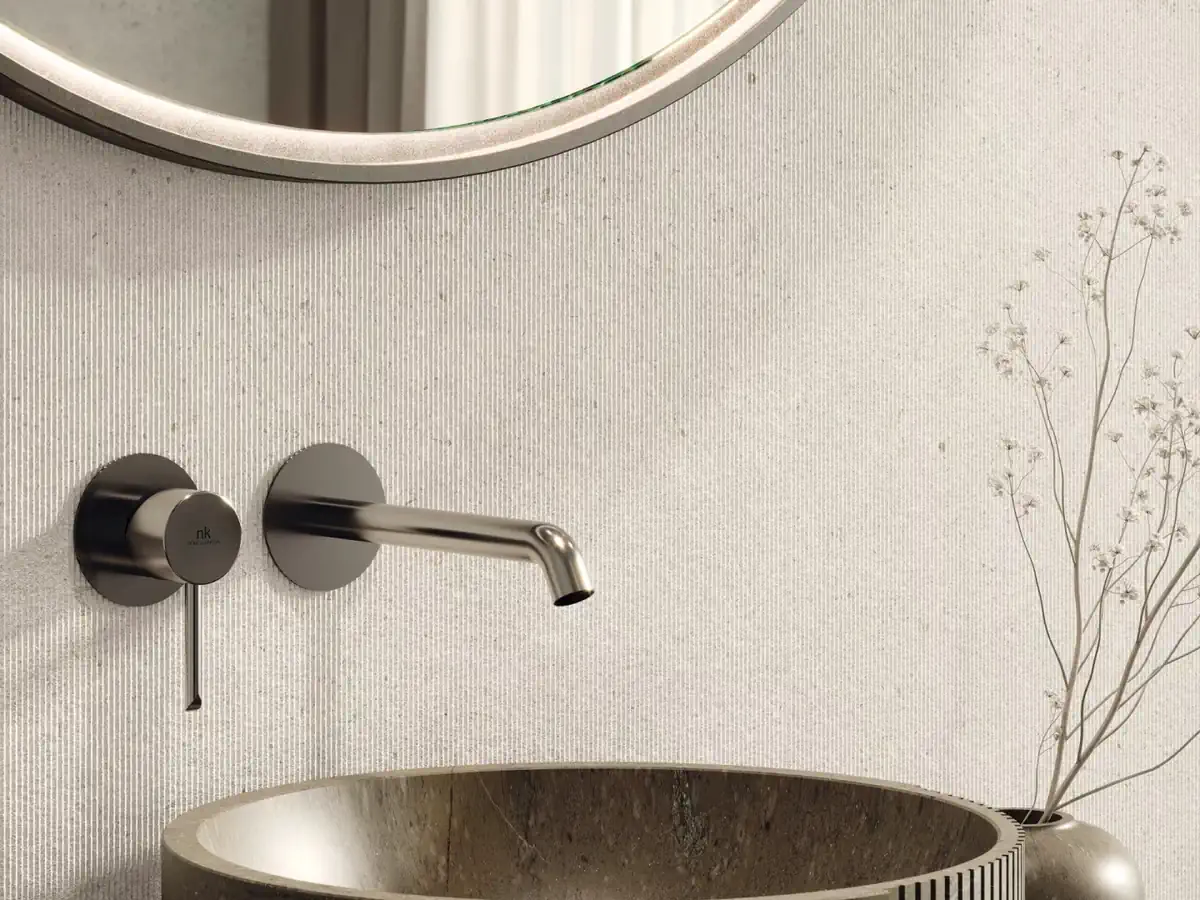 Gres Porcelanosa CANCUN efekt beton - aranzacja w przy kominku