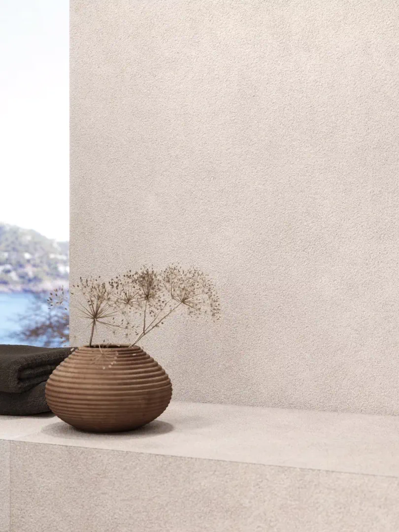 Gres Porcelanosa SAVANNAH efekt kamień - aranzacja w strefie dziennej z duzymi przeszkleniami