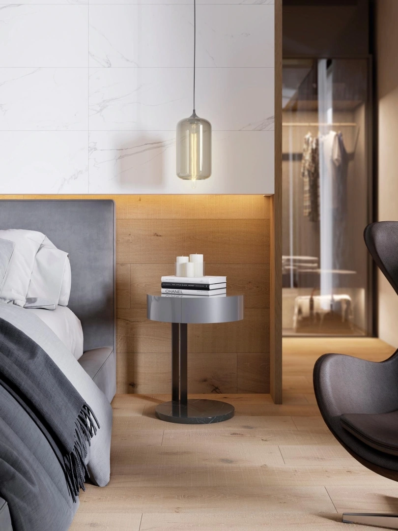 Gres Porcelanosa ARTIC efekt marmur - aranzacja w strefie dziennej z duzymi przeszkleniami