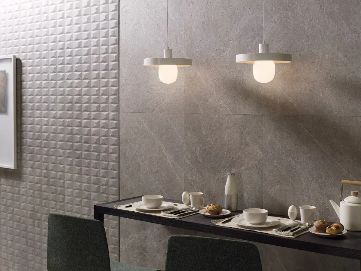 Gres Porcelanosa MYSTIC efekt kamień - aranzacja w minimalistycznym wnetrzu