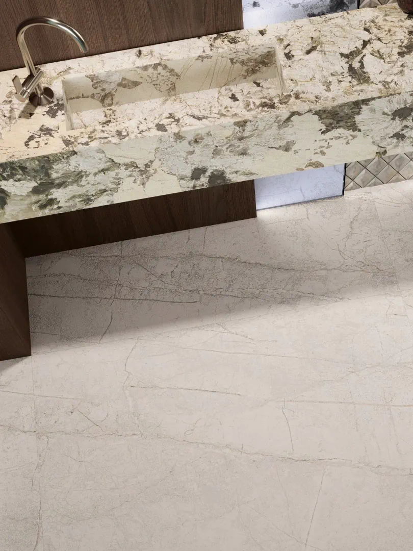 Gres Porcelanosa COLORADO efekt kamień - aranzacja w minimalistycznym wnetrzu