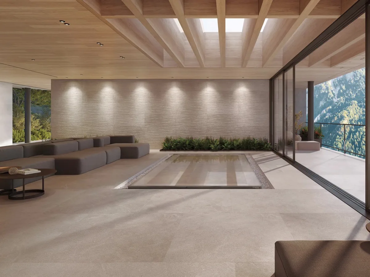 Gres Porcelanosa SAVANNAH efekt kamień - aranzacja w nowoczesnym salonie
