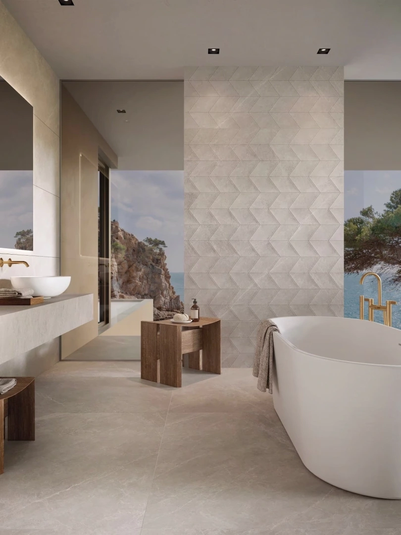 Gres Porcelanosa MYSTIC efekt kamień - aranzacja w eleganckiej lazience