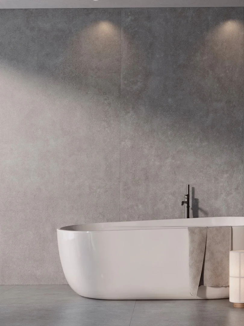 Gres Porcelanosa BOTTEGA efekt beton - aranzacja w przestronnym holu