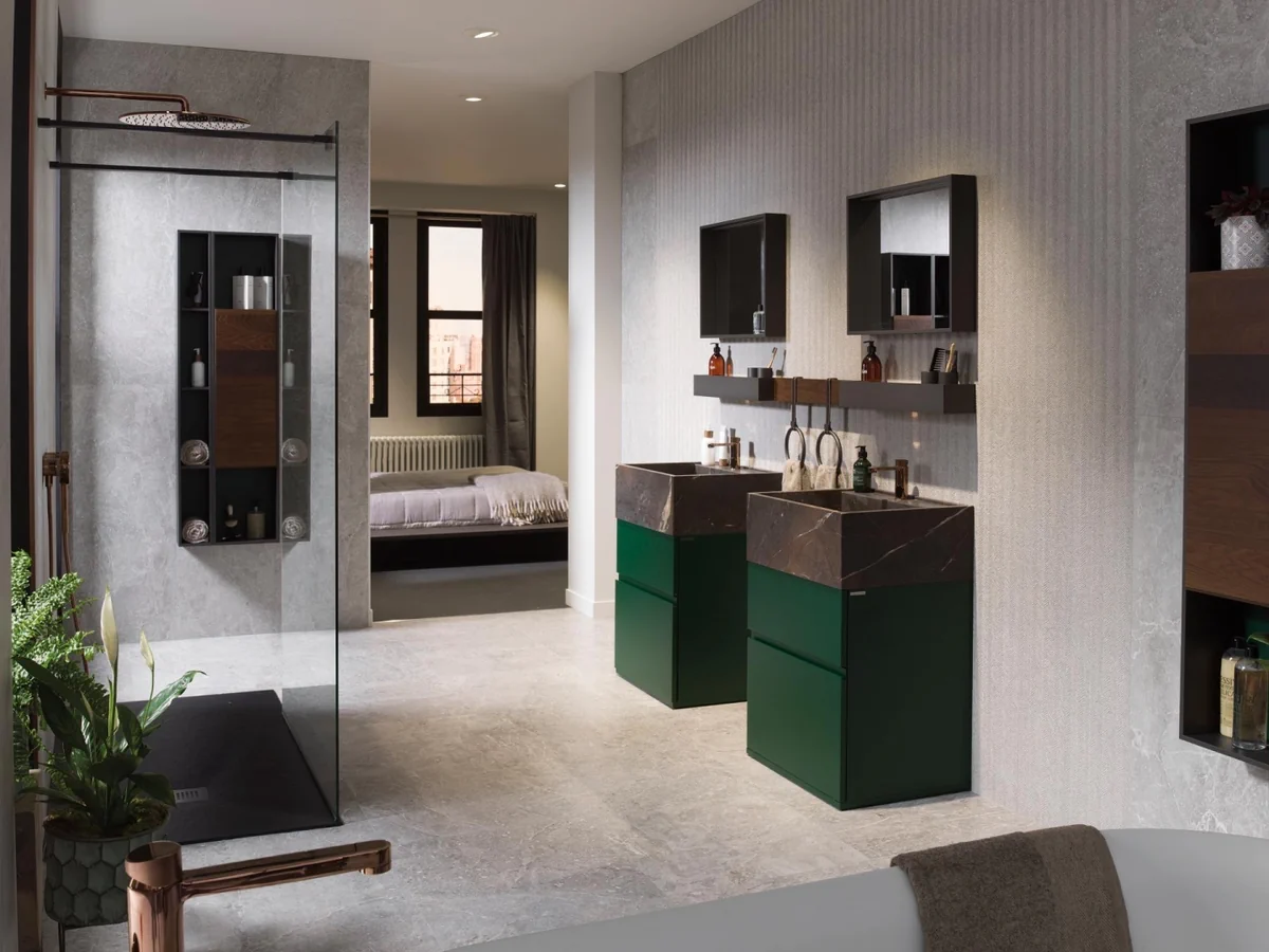 Gres Porcelanosa NOIR efekt kamień - aranzacja w minimalistycznym wnetrzu