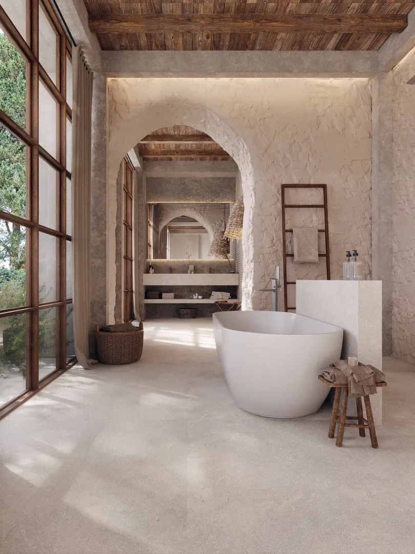 Gres Porcelanosa SAVANNAH efekt kamień - aranzacja w strefie dziennej z duzymi przeszkleniami