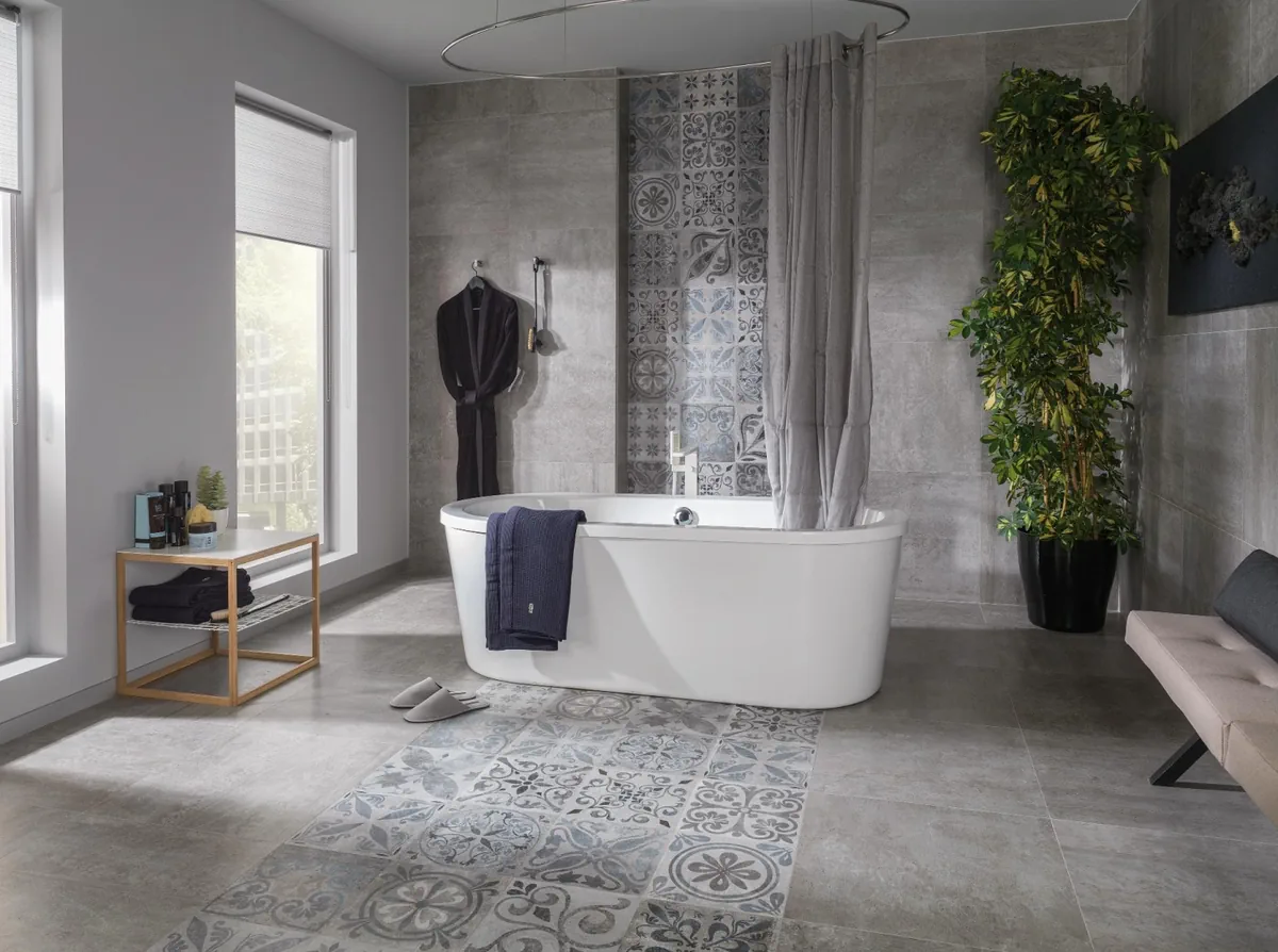 Gres Porcelanosa RODANO efekt beton, kamień - aranzacja w eleganckiej lazience