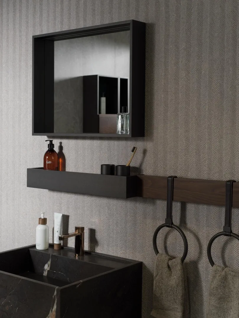 Gres Porcelanosa NOIR efekt kamień - aranzacja w przy kominku