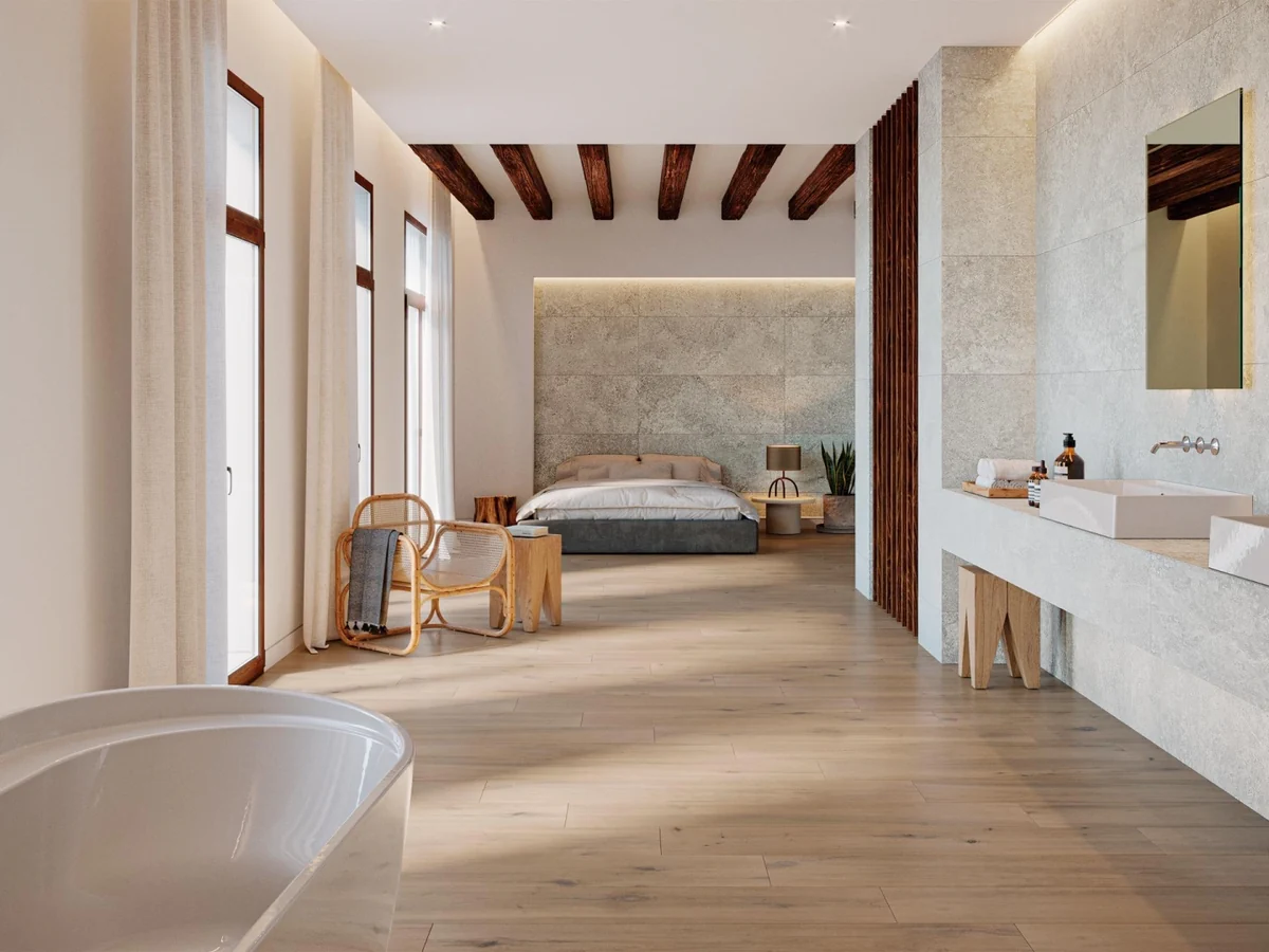 Gres Porcelanosa HANNOVER efekt terrazzo, kamień - aranzacja w elewacji domu