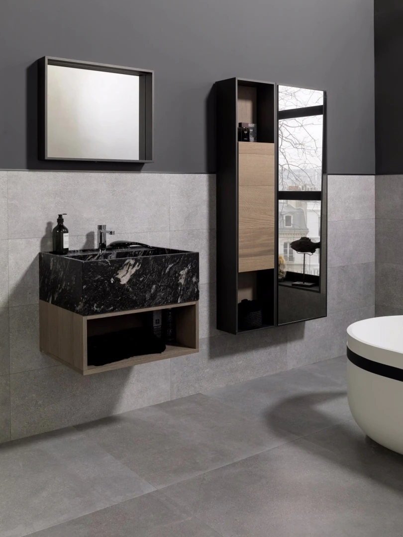 Gres Porcelanosa BOTTEGA efekt beton - aranzacja w eleganckiej lazience