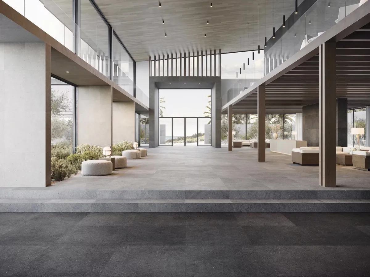 Gres Porcelanosa MATIKA efekt beton, kamień - aranzacja w eleganckiej lazience
