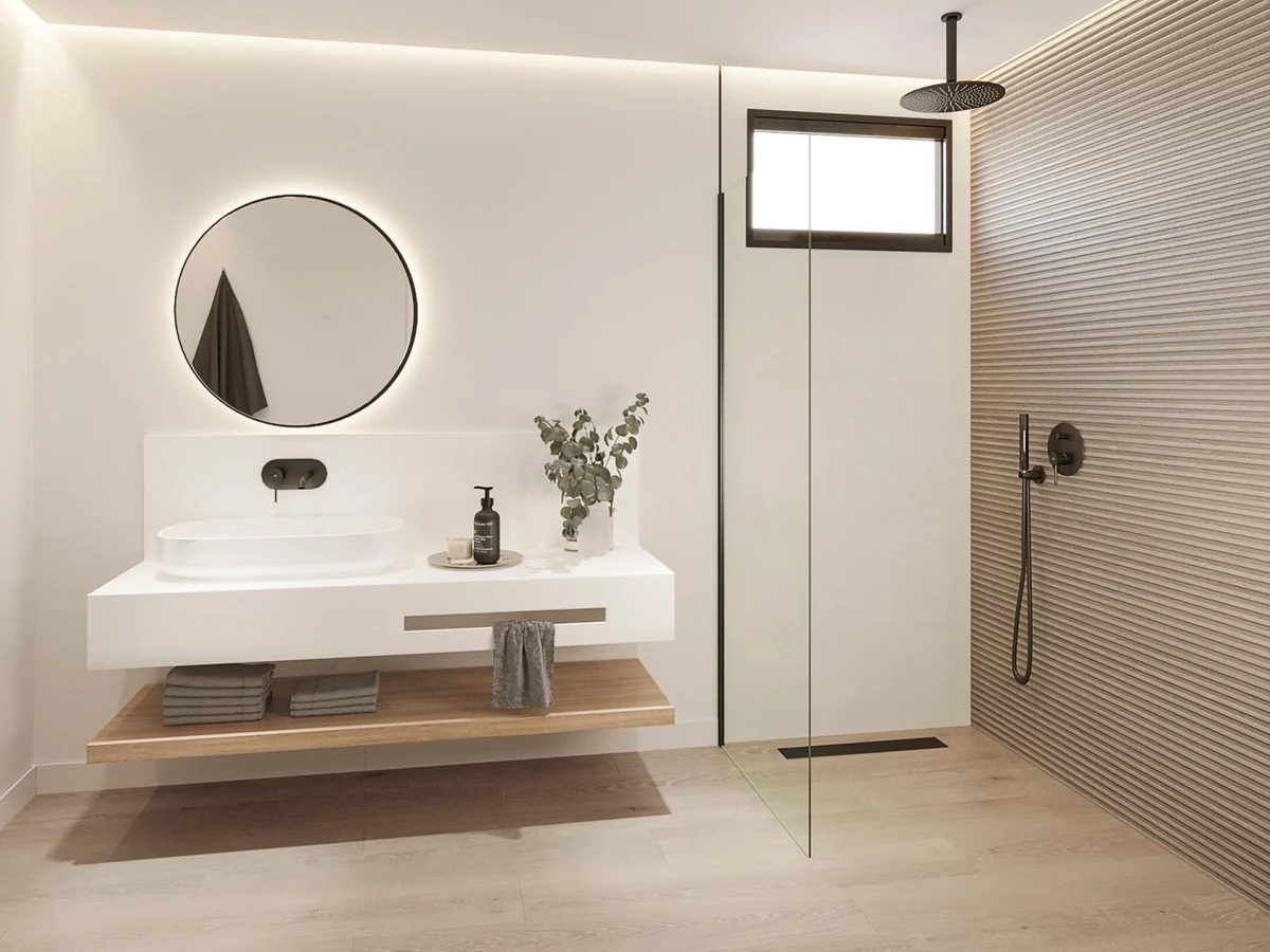 Gres Porcelanosa BREMEN efekt drewno - aranzacja w przy kominku