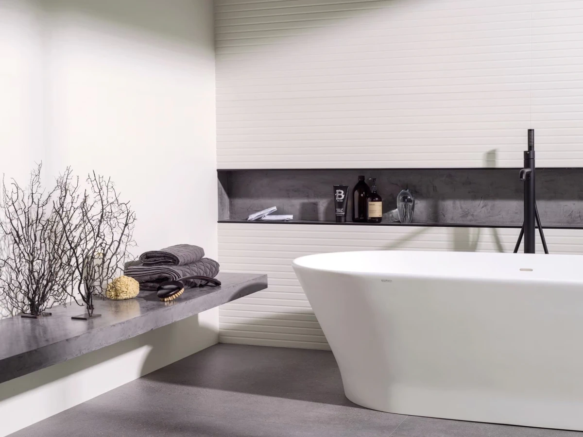 Gres Porcelanosa BOTTEGA efekt beton - aranzacja w minimalistycznym wnetrzu