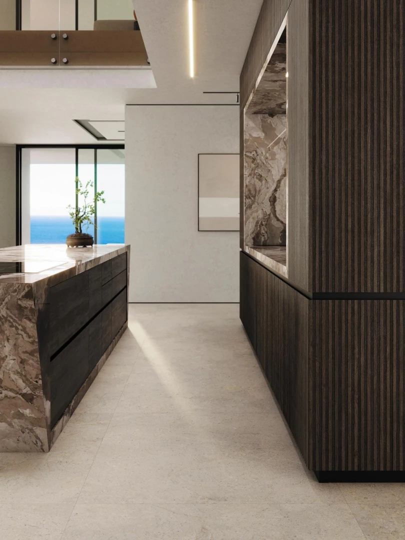 Gres Porcelanosa DORCIA efekt kamień - aranzacja w strefie dziennej z duzymi przeszkleniami
