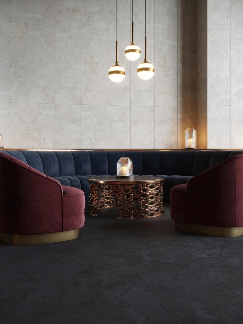 Gres Porcelanosa IMAGE efekt kamień - aranzacja w minimalistycznym wnetrzu