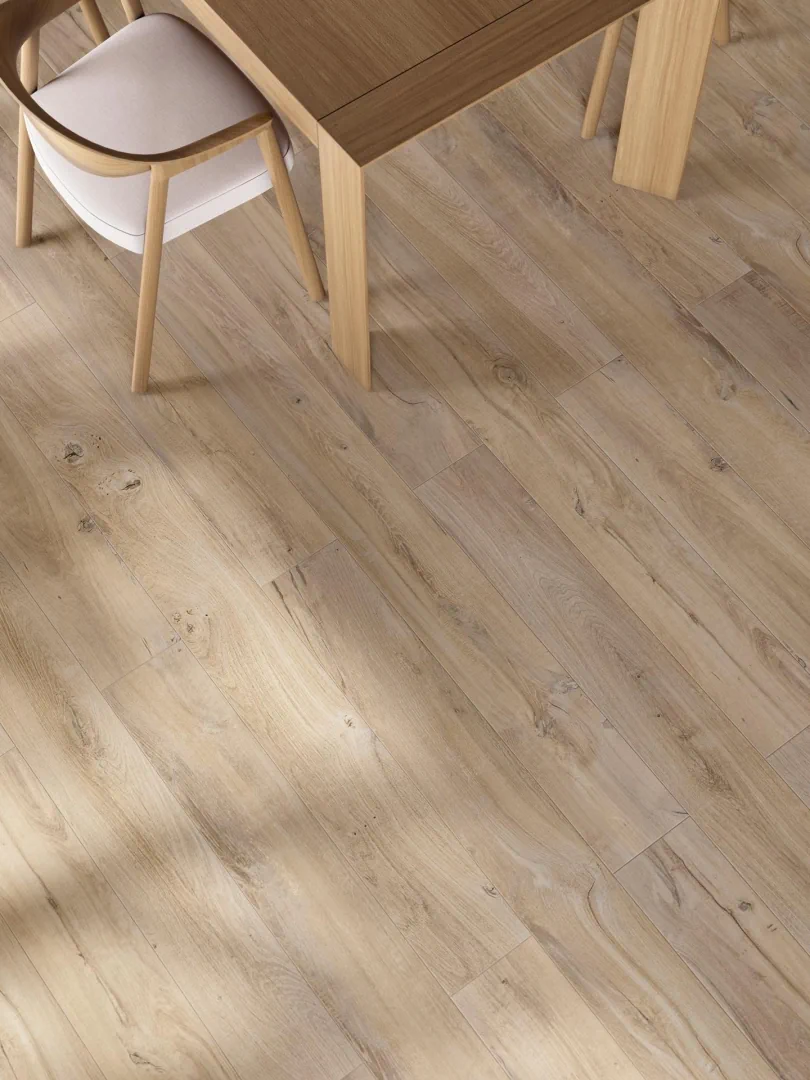Gres Porcelanosa MANHATTAN efekt drewno - aranzacja w strefie dziennej z duzymi przeszkleniami