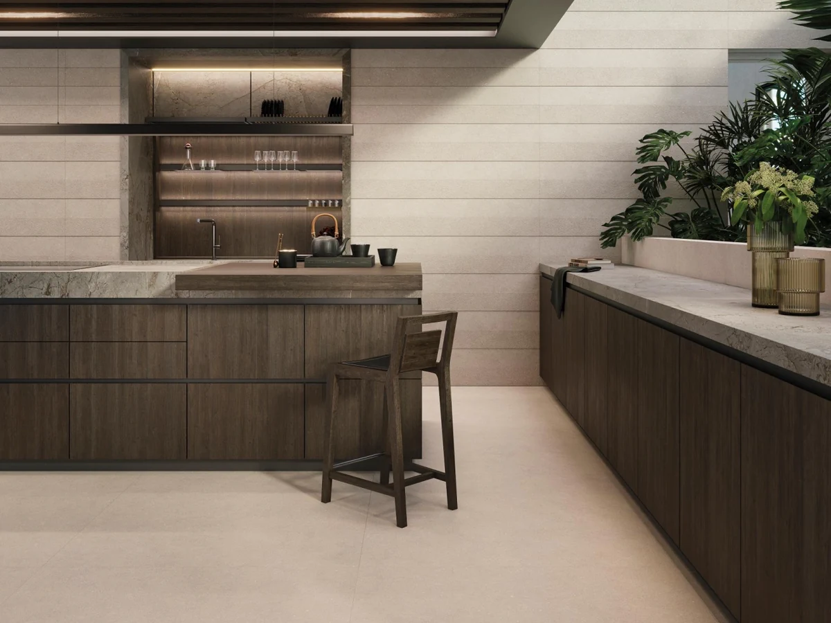 Gres Porcelanosa TERRA efekt beton - aranzacja w przy kominku