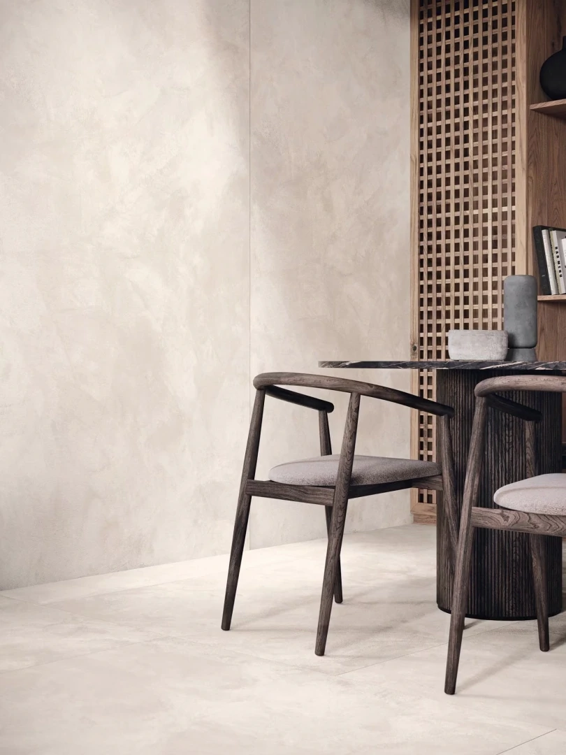 Gres Porcelanosa SANTORINI efekt beton - aranzacja w strefie dziennej z duzymi przeszkleniami