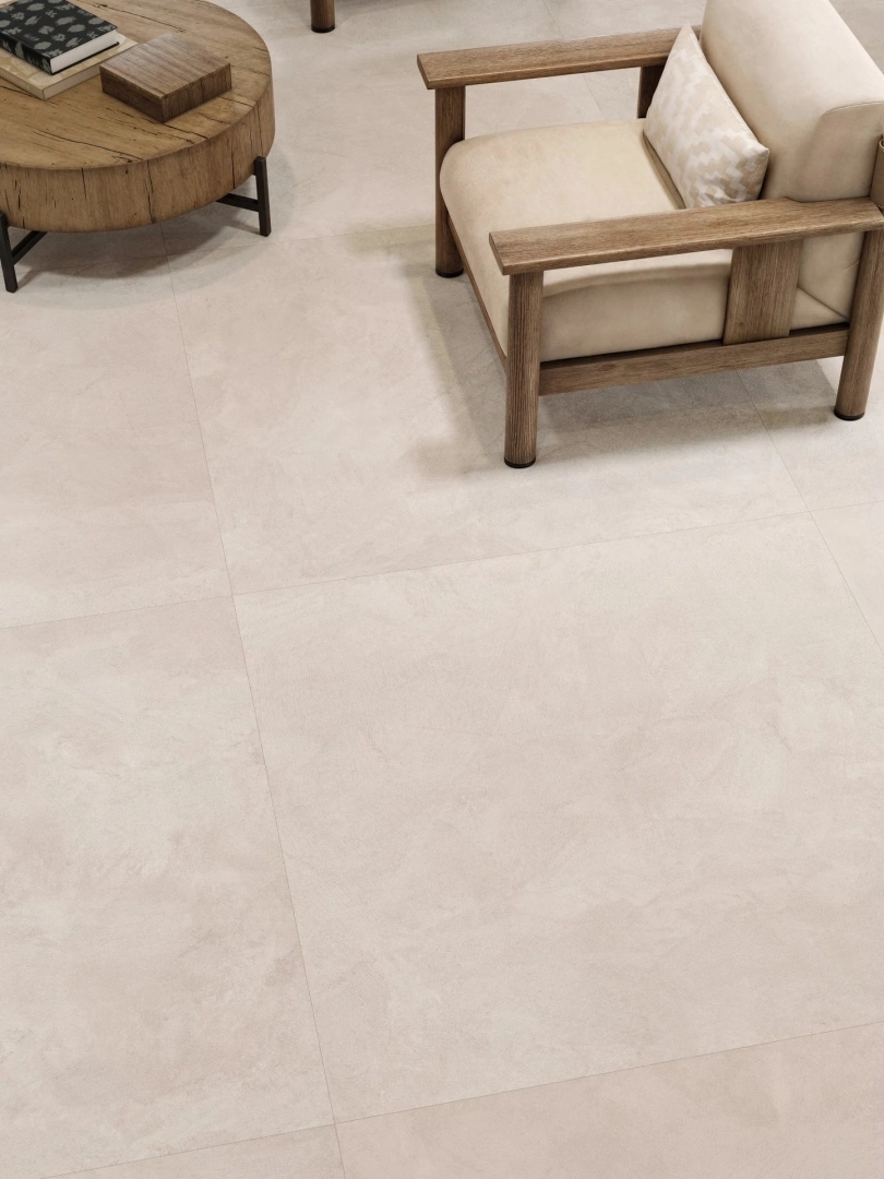 Gres Porcelanosa SANTORINI efekt beton - aranzacja w przestronnym holu