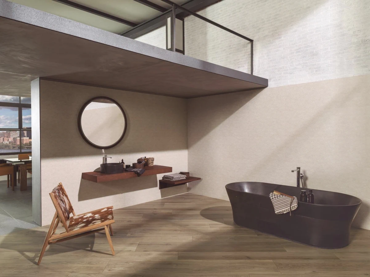 Gres Porcelanosa MANHATTAN efekt drewno - aranzacja w minimalistycznym wnetrzu