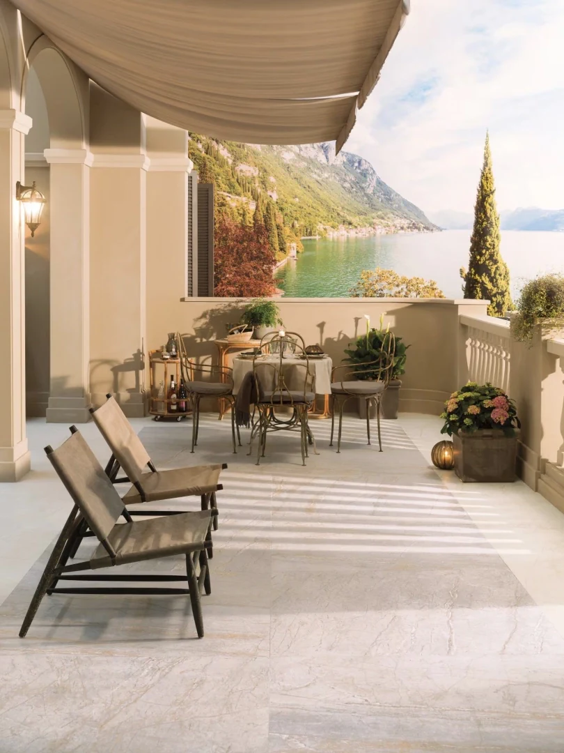 Gres Porcelanosa COLORADO efekt kamień - aranzacja w strefie dziennej z duzymi przeszkleniami