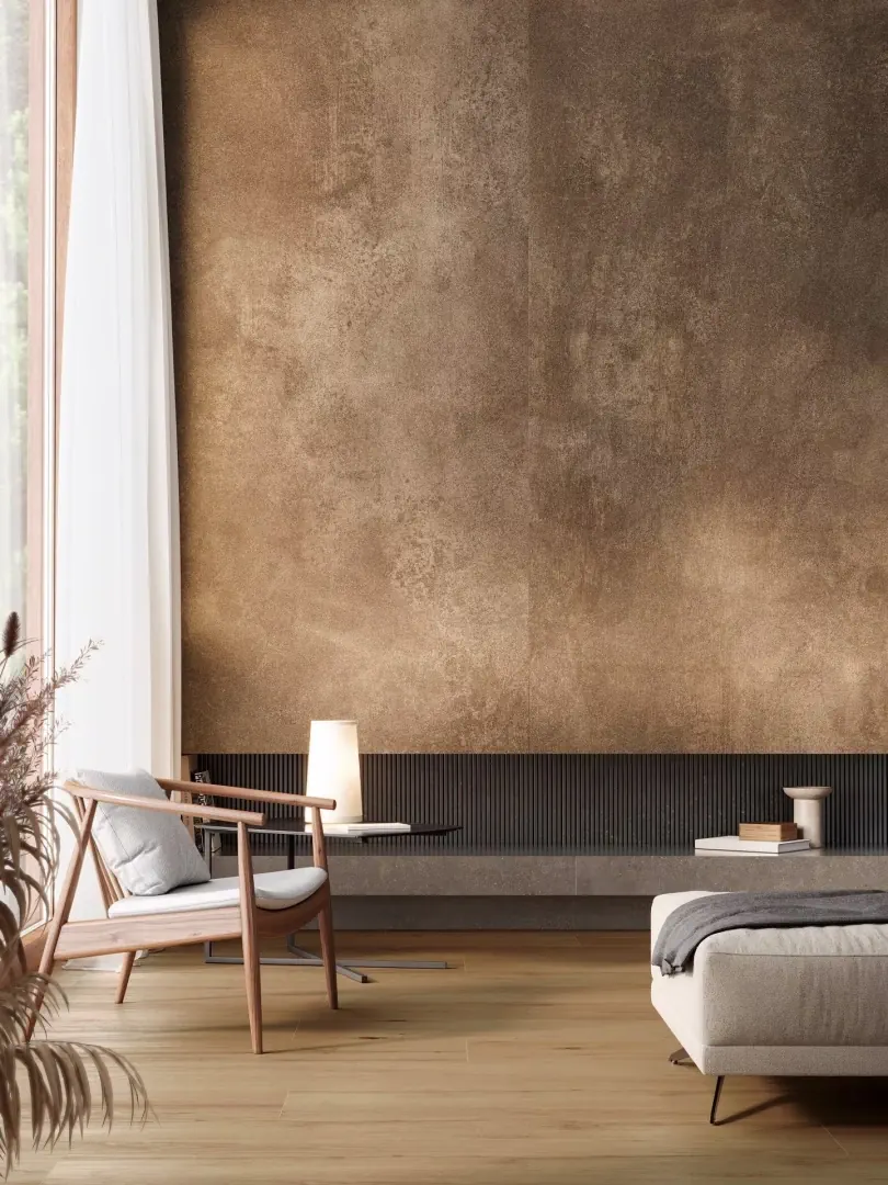 Gres Porcelanosa NOBU efekt drewno - aranzacja w nowoczesnym salonie