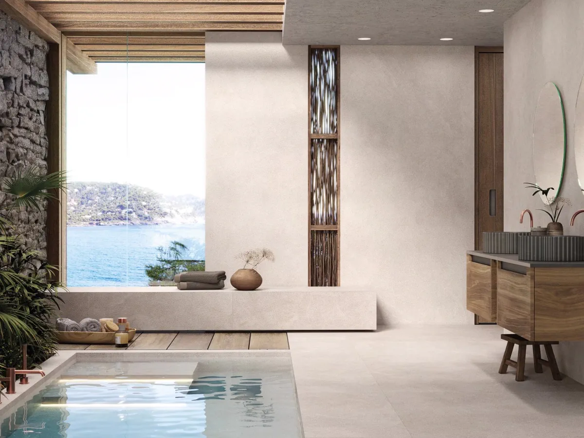 Gres Porcelanosa SAVANNAH efekt kamień - aranzacja w eleganckiej lazience