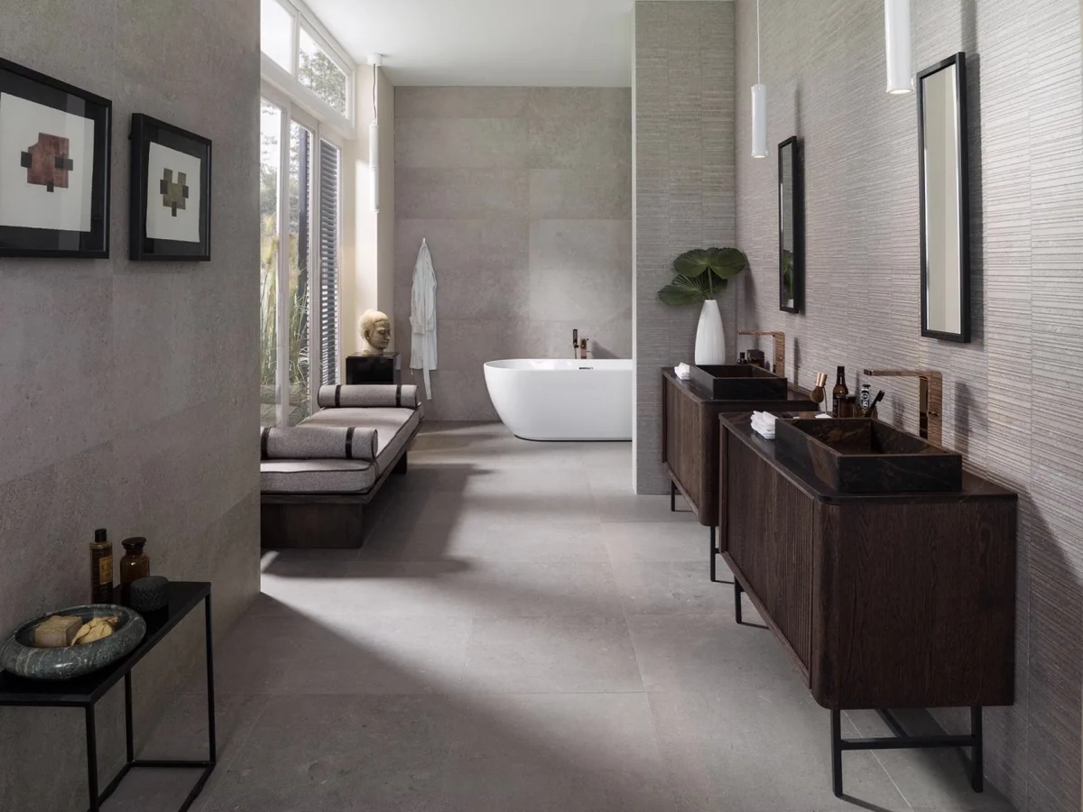 Gres Porcelanosa BERNA efekt kamień - aranzacja w eleganckiej lazience