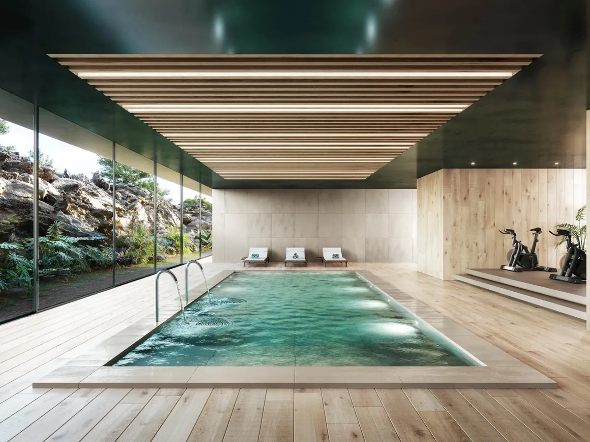 Gres Porcelanosa VANCOUVER efekt drewno - aranzacja w strefie dziennej z duzymi przeszkleniami