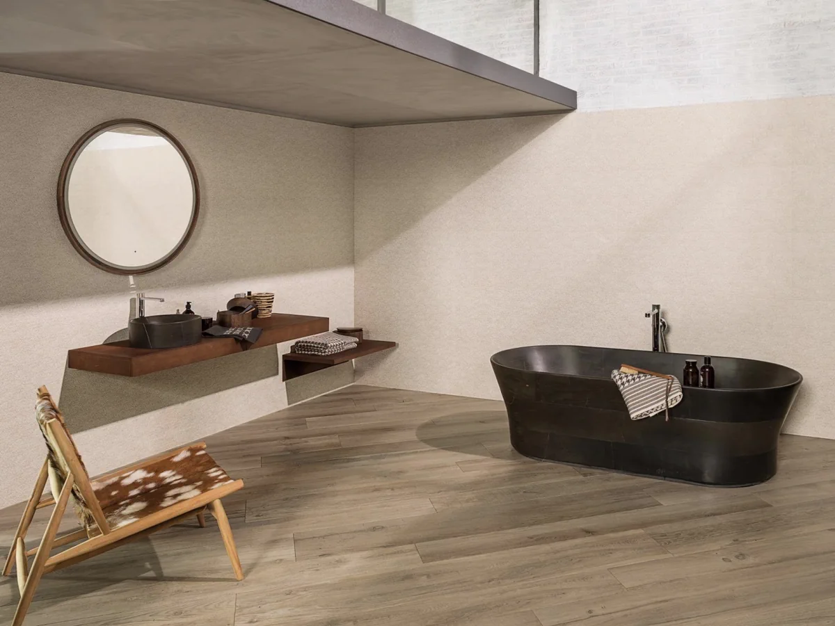 Gres Porcelanosa CAPRI efekt kolor - aranzacja w strefie dziennej z duzymi przeszkleniami