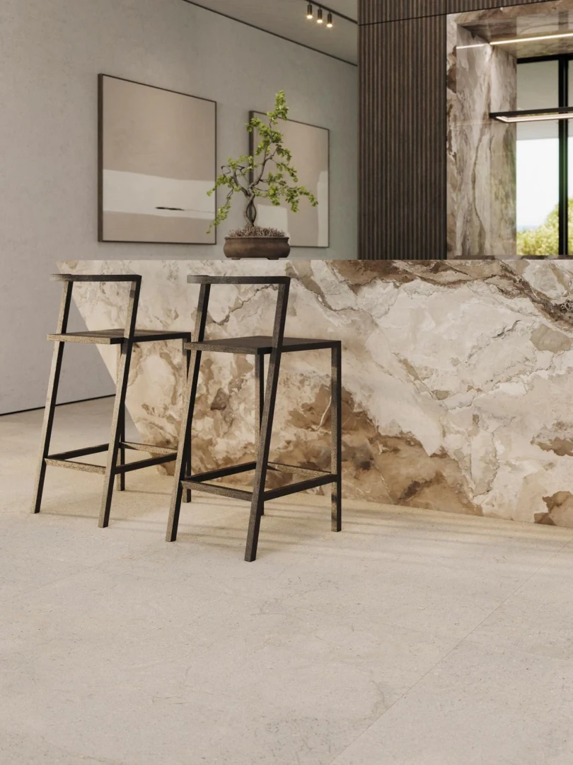 Gres Porcelanosa DORCIA efekt kamień - aranzacja w nowoczesnym salonie